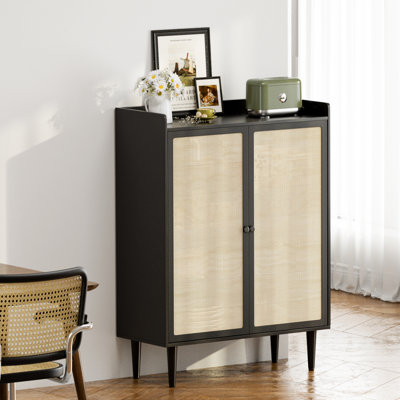 DIYART Black Rattan Pantry Cabinet, 71" Tall Kitchen Pantry Storage Cabinet Doors Drawer Boho Freestanding Hutch Kitchen Dining Room Hallway