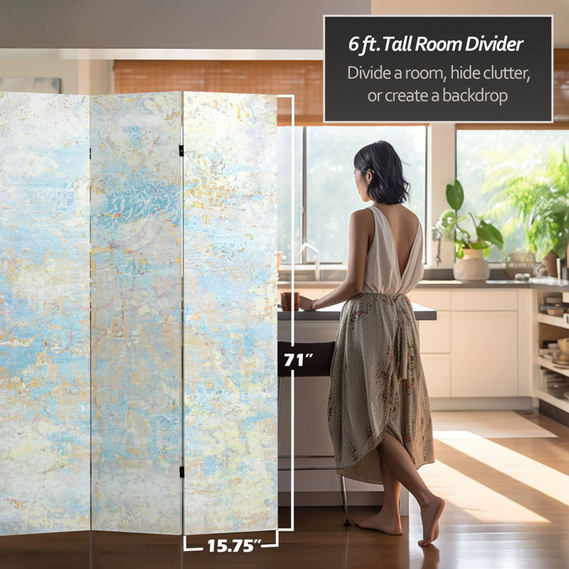 6 Ft. Tall Double Sided Rust Canvas Room Divider, Celestial Clouds