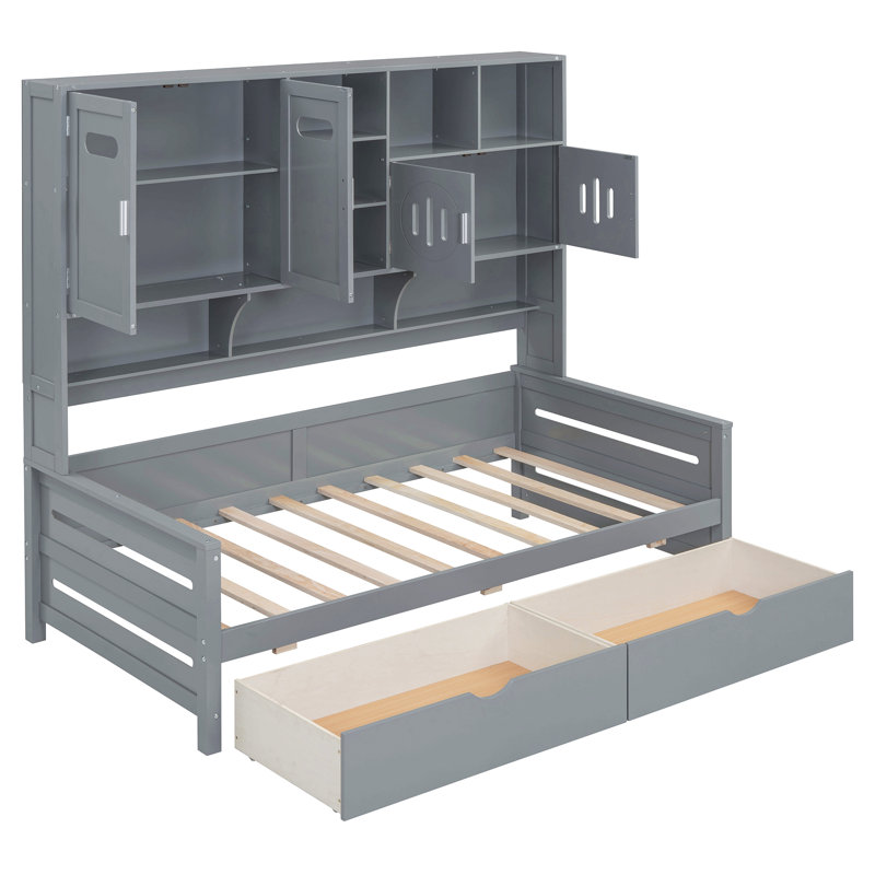Wooden Daybed With 2 Drawers, And All-In-One Cabinet And Shelf, Gray, Twin