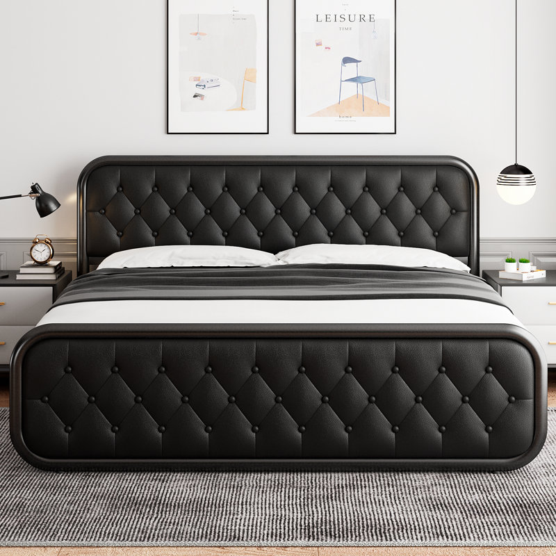Structure de lit très grand en métal avec tête de lit en cuir, base de lit plateforme robuste, support de lattes en acier plus épais, espace sous le lit de 12 po, silencieux, assemblage facile, noir