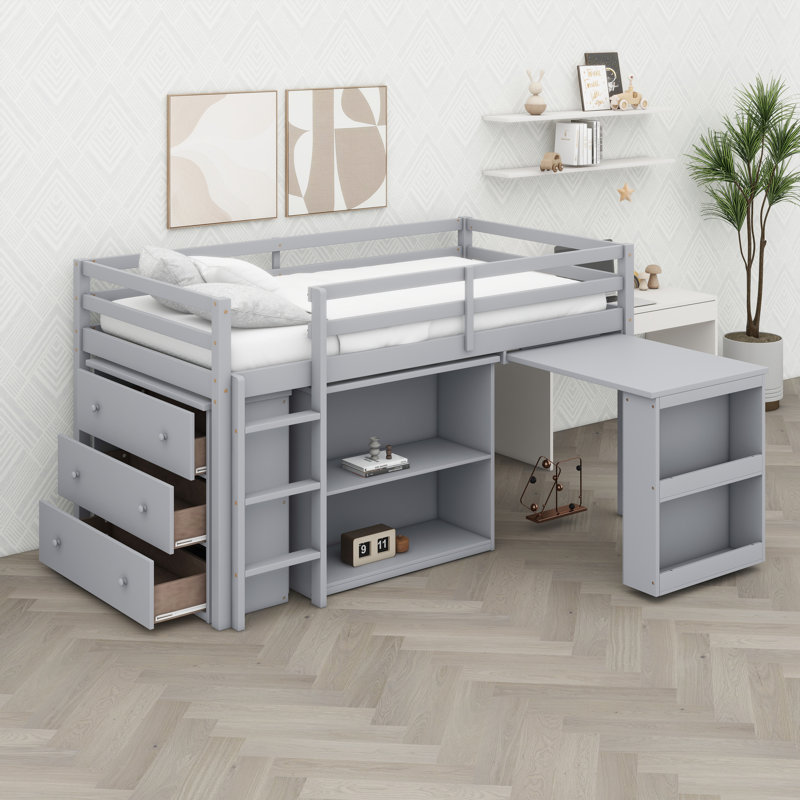 Lit mezzanine multifonctionnel avec rangement de tiroir intégré, étagères et bureau de travail rétractable, Gris