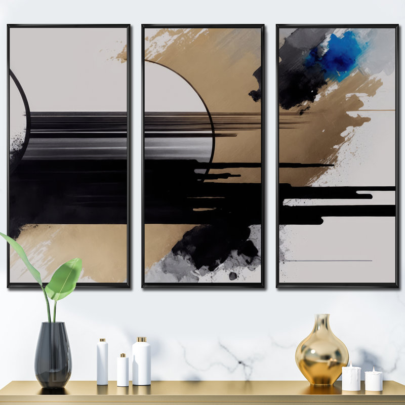 Devahn Blue Minimalist Abstract I - 3 pièces, Cadre noir, H 28 po x l 36 po x P 1 po