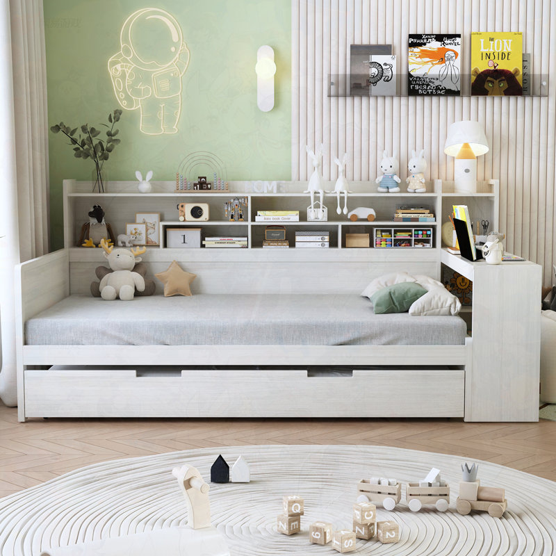 Lit de jour multifonctionnel en bois avec lit gigogne et bureau, Lit simple, Blanc antique