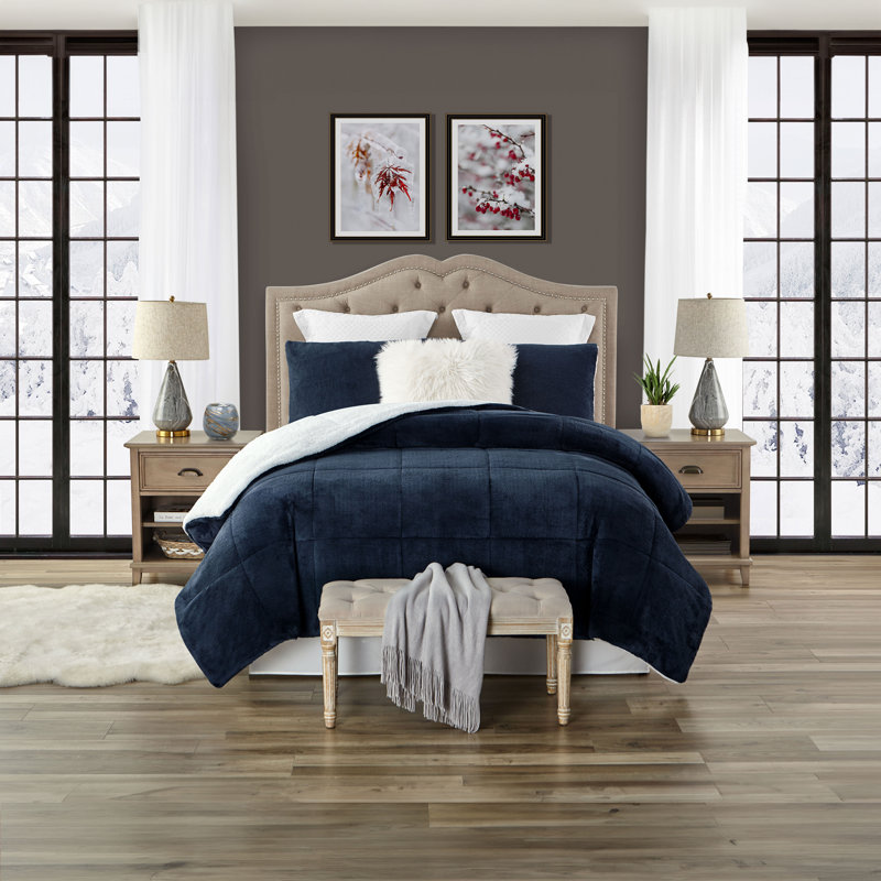 Microfibre Reversible Comforter Set, Full/Queen Comforter  + 2 Pillowcases, Navy