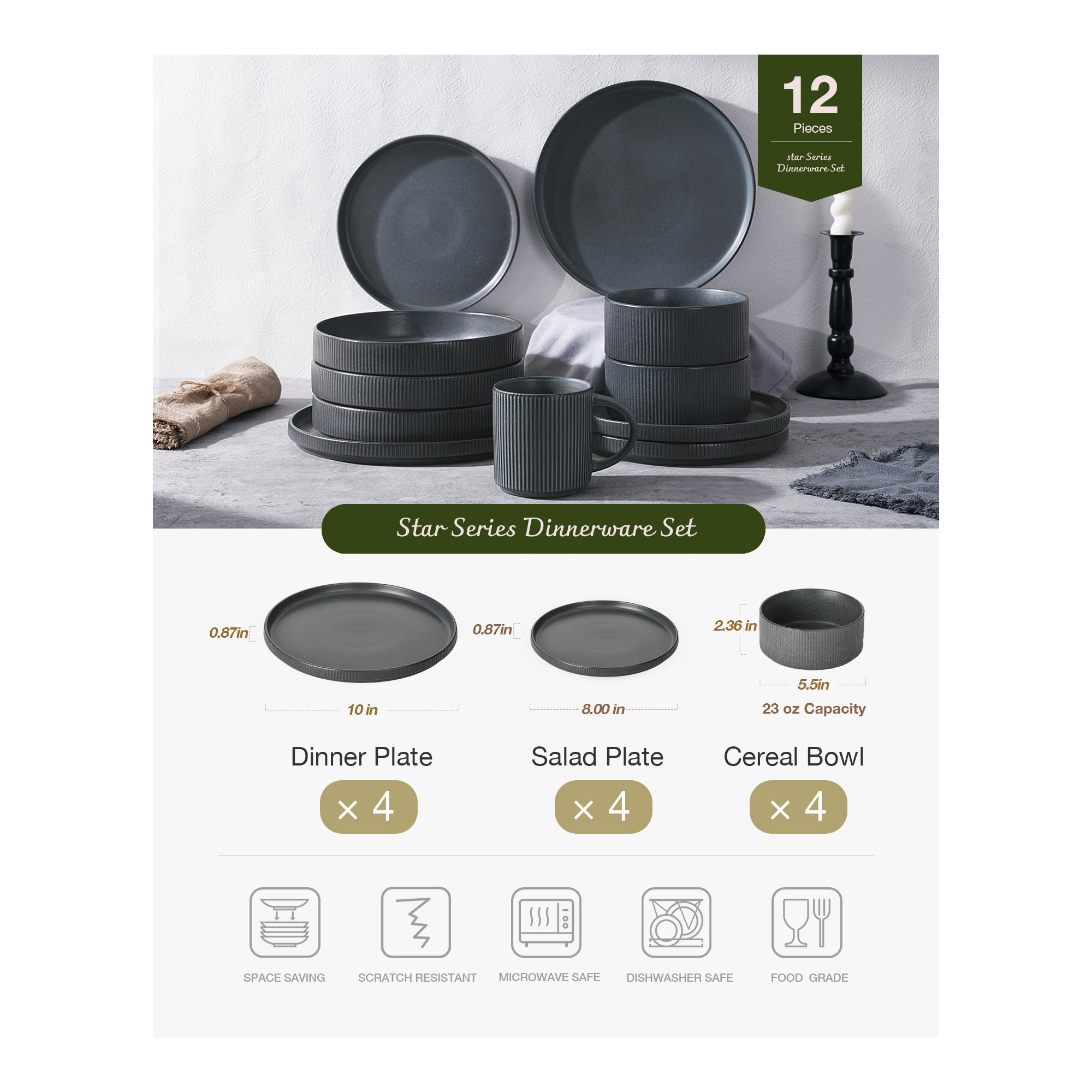 Stoneware Dinnerware Set, Service for 4, Matte Dark Charcoal