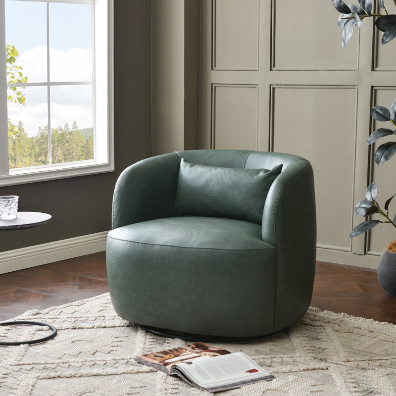 Faux Leather Upholstered Swivel Armchair With Ottoman, Green
