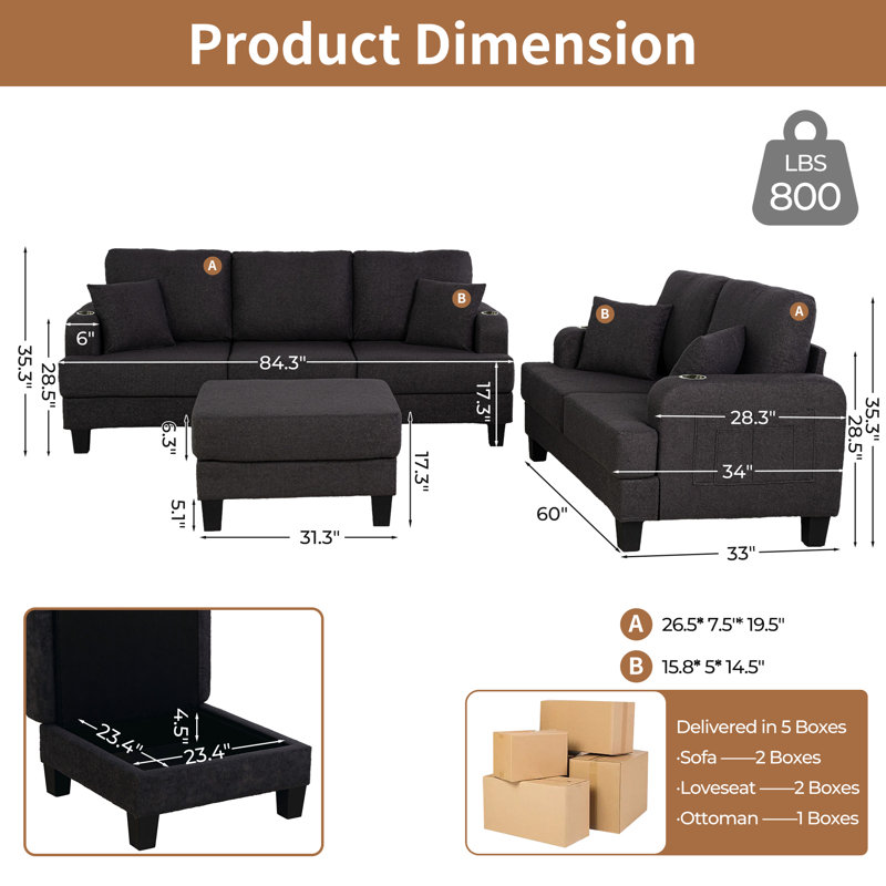 Canapé 3 places avec causeuse Crestline, Tissu gris
