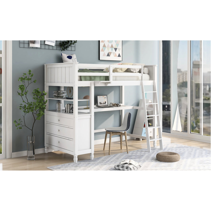 Lit mezzanine simple avec bureau et tiroir - Pièce de chambre polyvalente, espace de travail blanc, idéal pour les petites chambres