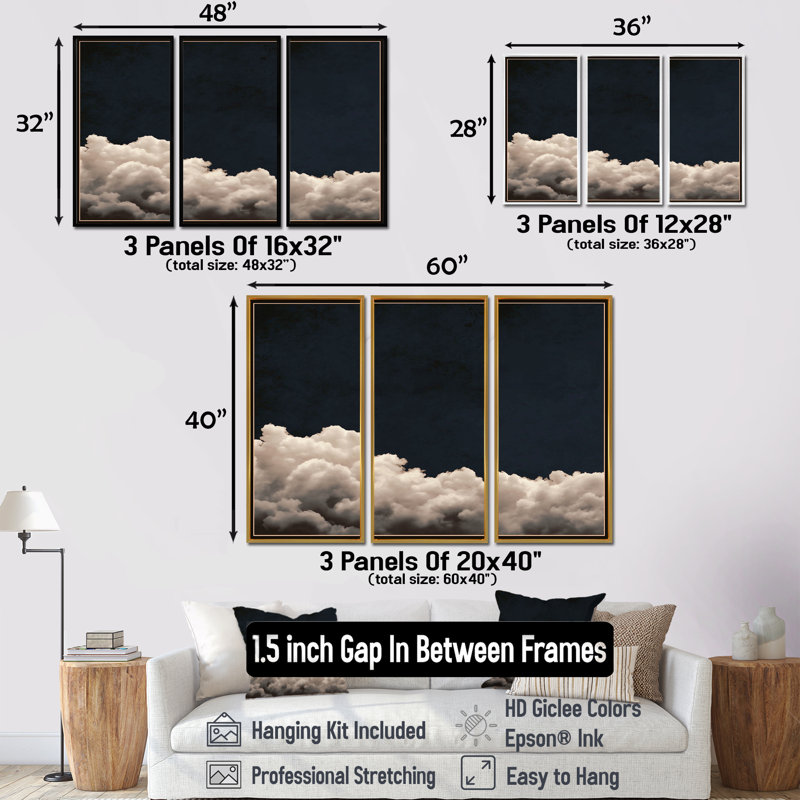 Ensemble de salon Fluffy White Clouds In The Sky - Clouds Wall Art, 28" H x 36" W, Reproduction avec cadre flottant, Doré