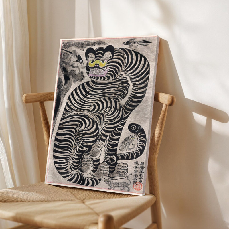 Art populaire asiatique, tigre avec pie, peinture sur toile, art traditionnel de style coréen, 24 x 36