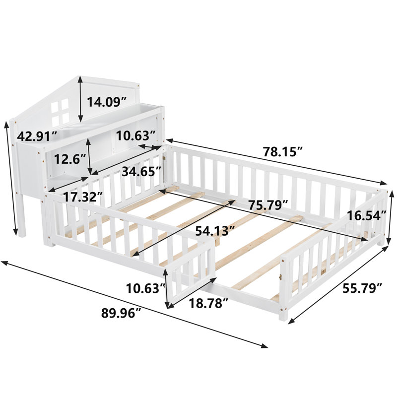 Full-Size Montessori Floor Bed With Bookcases And Blackboards, Versatile Platform Beds With Guard Rails, Solid Wood Floor Beds With Storage Headboards, Floor Beds For Kids And Teens