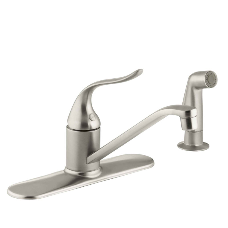 Coralais Three-Hole Kitchen Sink Faucet with 8-1/2" Spout, Matching Finish Sidespray and Lever Handle, Vibrant Brushed Nickel
