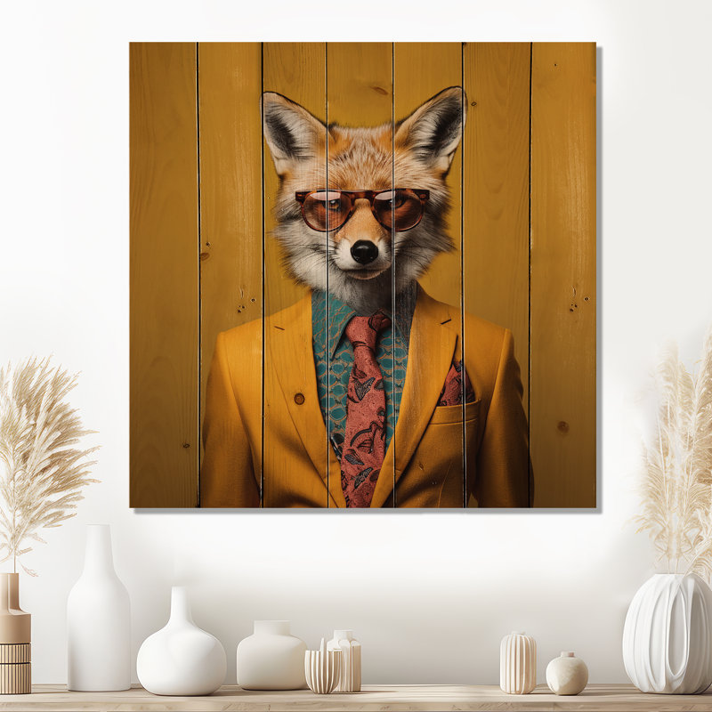 Yellow And Orange Suited Up Fox Fashion II - Fox Animal On Wood Print, 36" H x 36" W