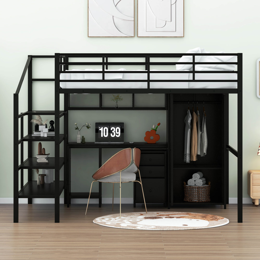 Jaquelin Full Metal Loft Bed With Table Set and Wardrobe Mason & Marbles