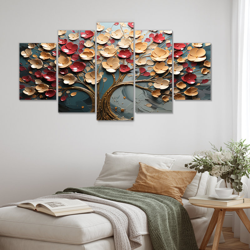 Arbre de fleurs rouge et or au clair de lune beauté II - ensemble de décoration murale arbre multi-panneaux