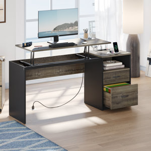 59.8" Lift Top Computer Desk with File Drawer, Large Study Desk with Power Outlet USB Port