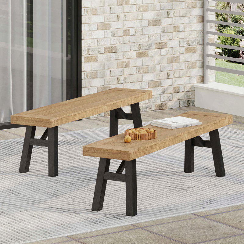 Ensemble de 2 bancs d'extérieur avec plateau en bois d'acacia à lattes