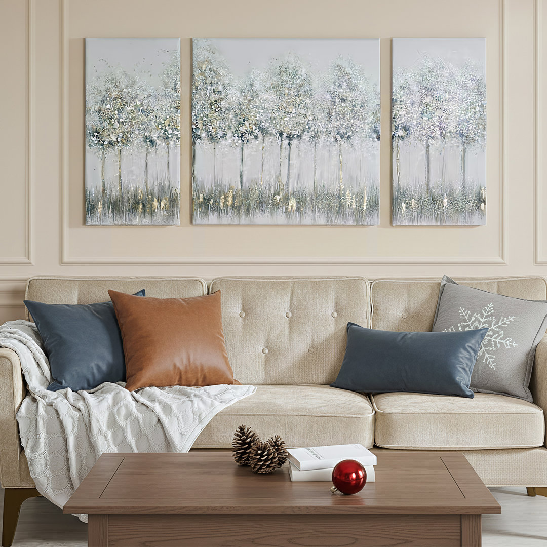 Blue Midst Forest Gold Foil Triptych 3-piece Canvas Wall Art Set Red Barrel Studio®