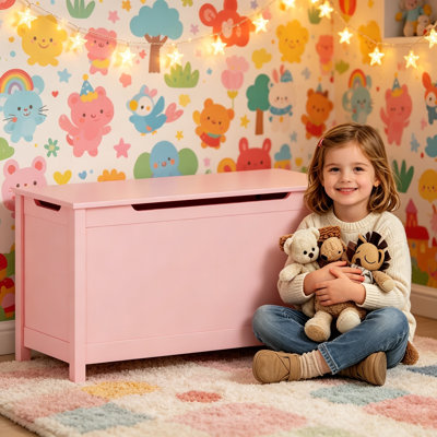 Kids Wooden Toy Box Storage with Safety Hinged Lid for Ages 2+ (White) by Latitude Run