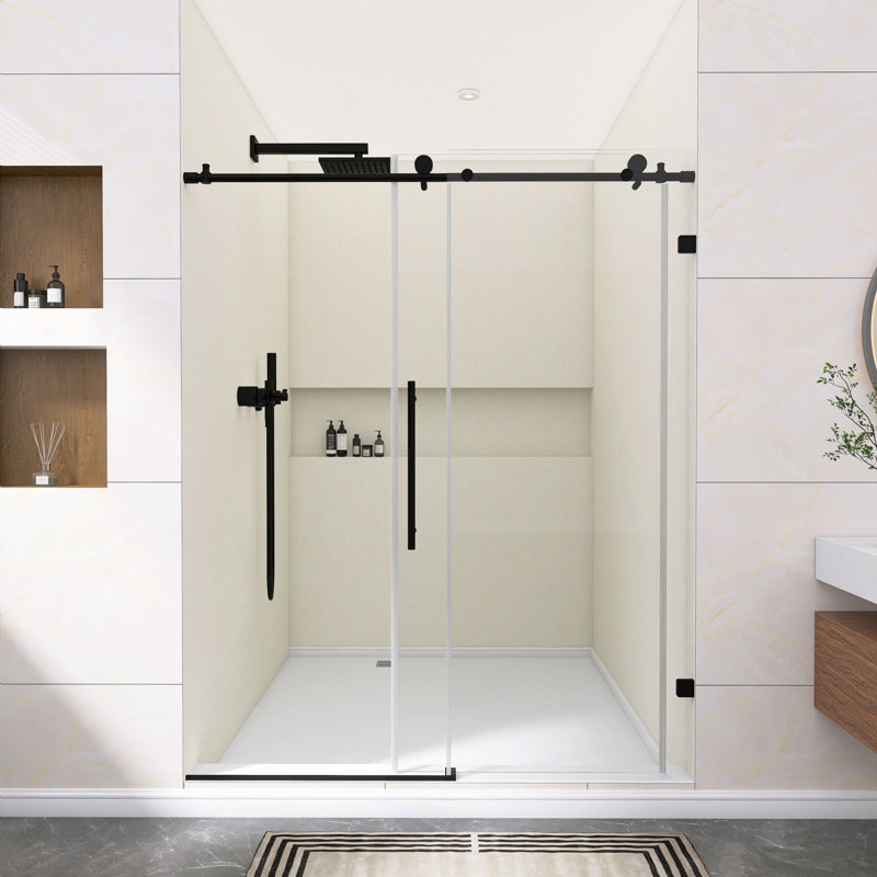 Porte de douche coulissante sans cadre l 60 po x H 74 po, verre trempé SGCC, cadre en aluminium noir mat avec poignée en acier inoxydable