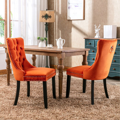 Chaises de salle à manger en velours orange avec coussin confortable et pieds en bois rembourrés