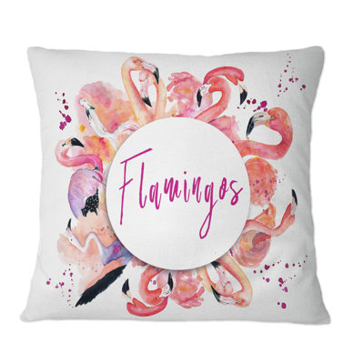Round Frame With Pink Flamingo - Patterned Printed Throw Pillow