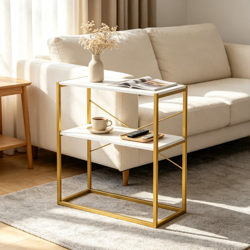 Console étroite avec plateau en grain de bois et structure en métal robuste, table d'entrée à deux niveaux avec tablettes de rangement ouvertes, table de canapé rustique pour le salon, le couloir et l'entrée, blanc et or
