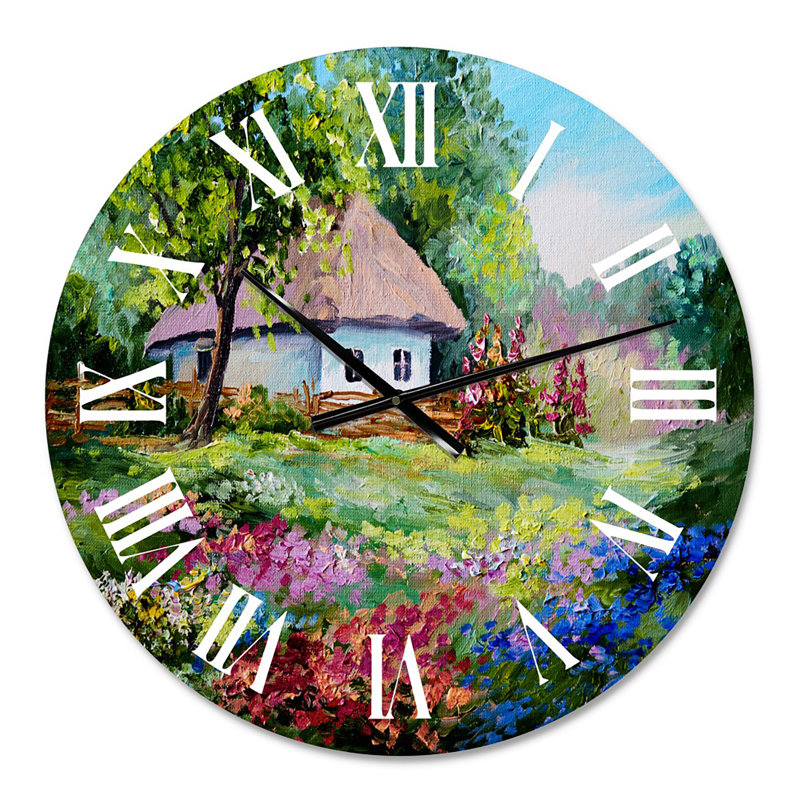 Maison sur la montagne avec des fleurs en fleurs I - Horloge murale traditionnelle, Moyen