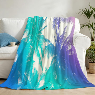 Jeté en flanelle transparente molletonnée, imprimé palmier tropical coloré