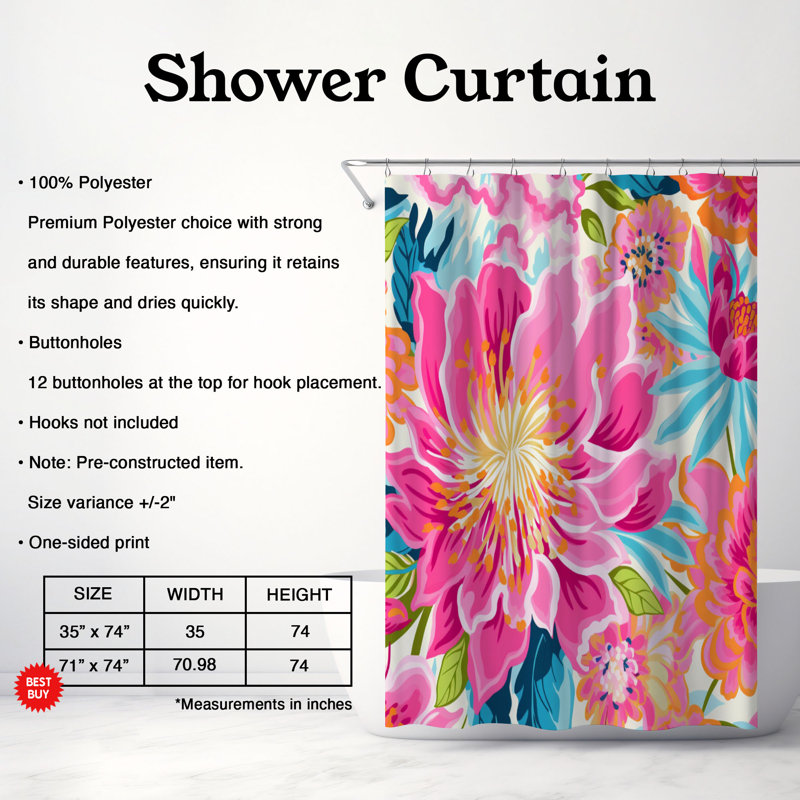 Rideau de douche standard 1 pièce, H 74 po x l 71 po, Fleurs roses éclatantes