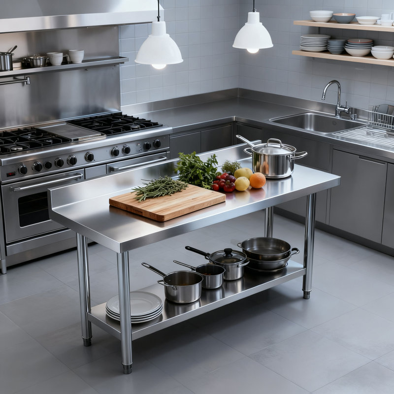 Stainless Steel Table Kitchen Workbench Double-layer Food Preparation Work Table Commercial Prep Station with Adjustable Catering Worktable for Restaurant Home Hotel, up to 250kg