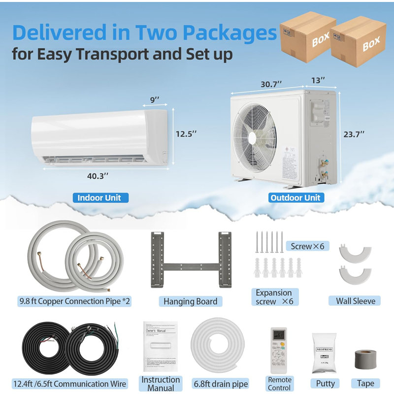 Mini climatiseur et radiateur 12000 BTU avec onduleur, pour 750 pieds carrés, ensemble d'installation complet
