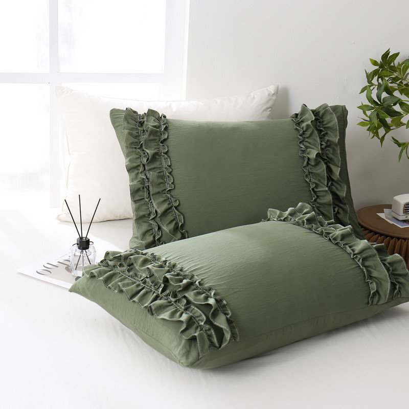Ruffle King Pillowcases Set of 2,Chic Ruffle Pillow Cases,20x30 inches Olive Green Pillow Covers,French Country Vintage Ruffled Pillowcases 2 Pack,Soft Microfiber