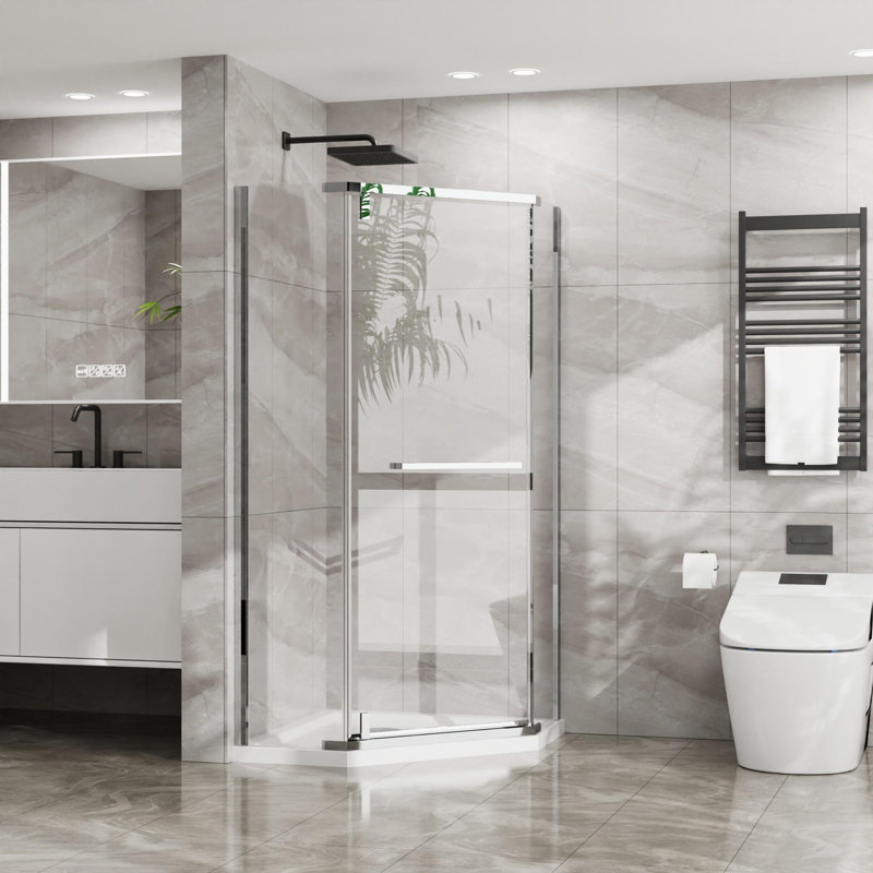 36"D x 36"W x 72"H Corner Frameless Shower Door, Chrome