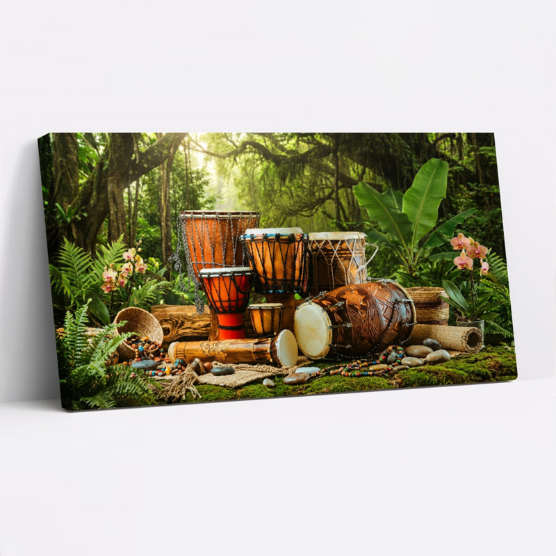 Ensemble de 1 tableau sur toile tendue représentant des tambours de jungle tropicale et des éléments naturels, 4020
