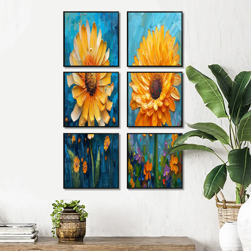 Ensemble de 6 fleurs de pissenlit jaunes et bleues - Pissenlit, Impression encadrée sans passe-partout, Noir