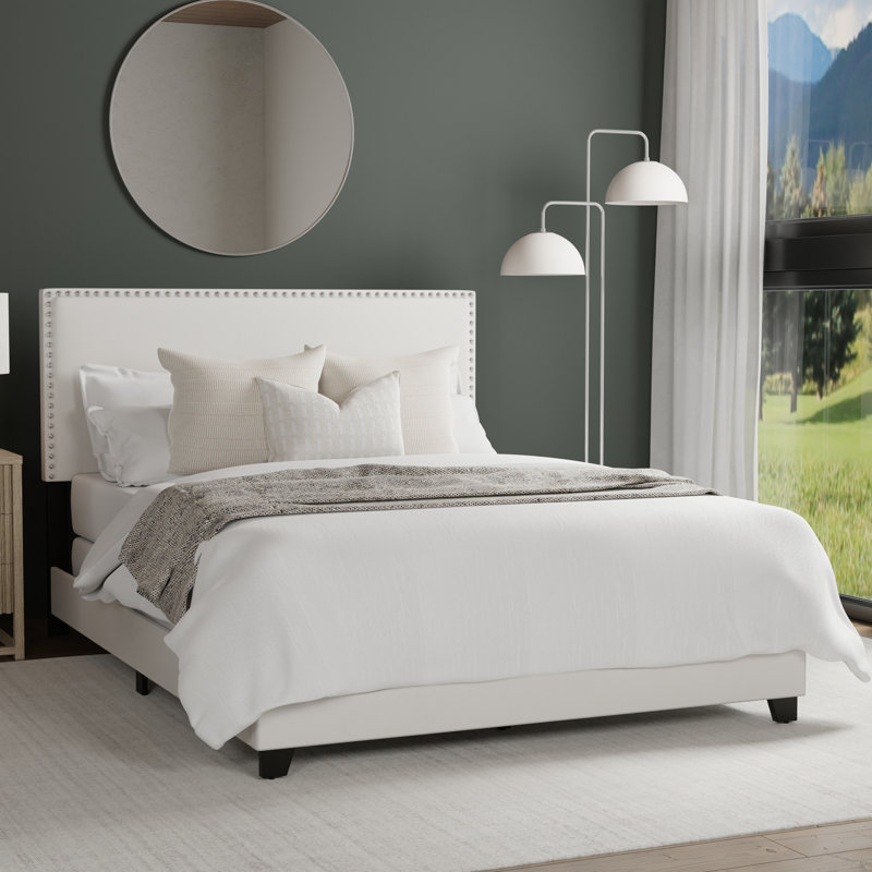 Lit plateforme tapissier Takengon, Double, Blanc