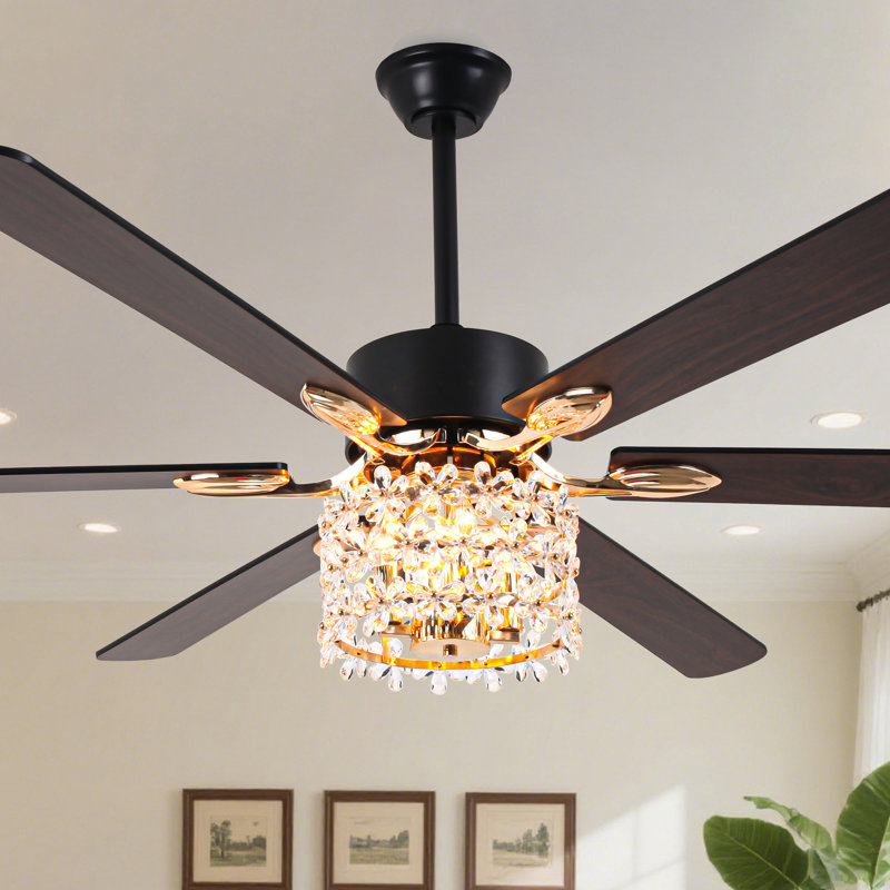 65" Modern Black Crystal Ceiling Fan with Light Kit and Remote 6-speed Reversible Motor Large Fan with Crsyarl Shade, Black