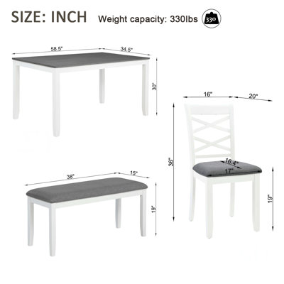 Ensemble de salle à manger moderne 6 pièces avec table en bois, banc, deux tons gris et blanc, pour salle à manger et cuisine, 6 sièges