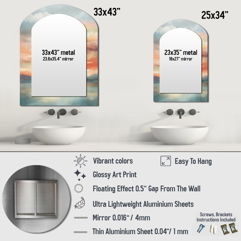 Bold Sunset Coastal Horizon IV - Beige Asymmetrical Decorative Wall Mirror, Traditional Arch Mirror, Printed Metal Art