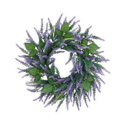 Couronne de lavande artificielle 20 po - Décoration de porte à ressort avec base en rotin