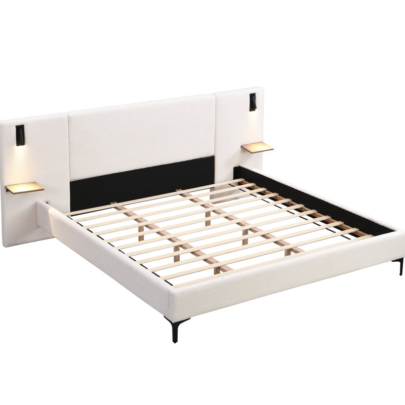 Très grand lit tapissier blanc très grand avec lumières et tablettes, idéal pour la détente nocturne, Blanc, Très grand lit
