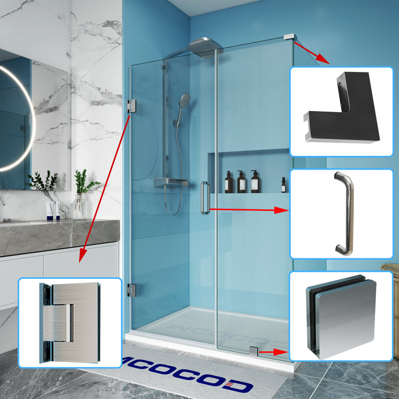 Ensemble de quincaillerie de porte de douche sans cadre: charnières, poignées pour verre de 5/16 po à 3/8 po, Nickel brossé