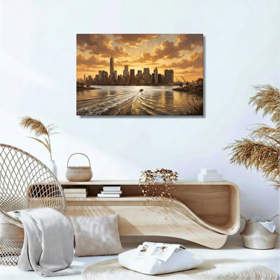 Ensemble de 1 tableau sur toile représentant un coucher de soleil sur la ville