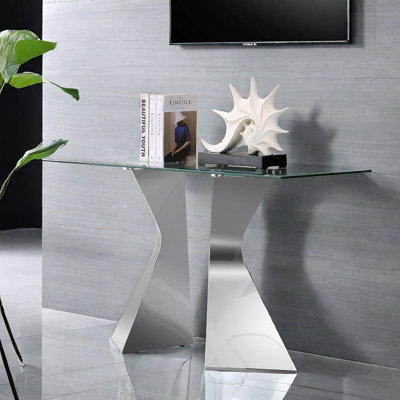 Silver Console Table Entryway Table With Tempered Clear Glass Top, Stainless Steel Legs Console Table, Modern Hallway Table Sofa Table For Hallway, Li