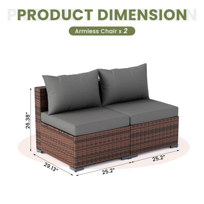 2-Piece Single Sofa Set Modular Outdoor All-Weather Wicker Rattan Patio Furniture Seating Group With Cushions, Gray
