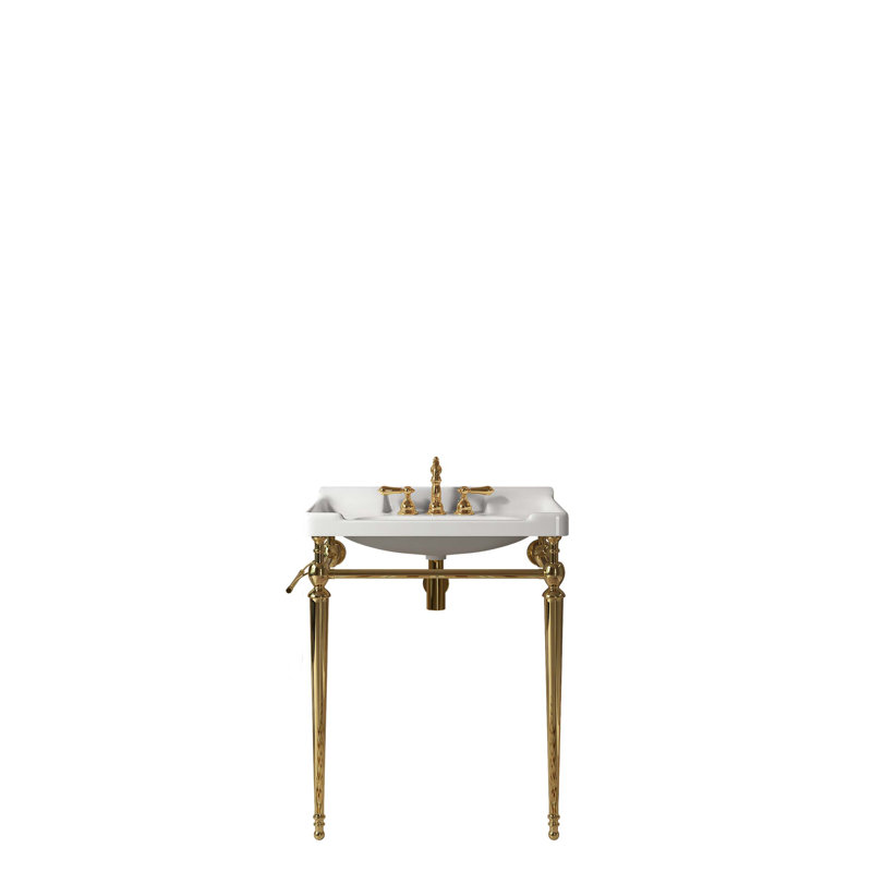 Wall-Mounted Bathroom Console Sink with Pre-drilled Faucet Holes, Freestanding Support Legs and Towel Bar, Ideal for Bathroom Renovation and Space Optimization.