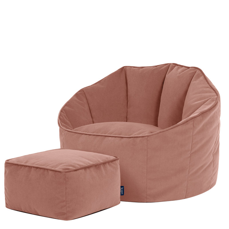 icon Sirena Scallop Chair Bean Bag and Footstool Ochre Yellow Velvet Bean Bags, Dusk Pink