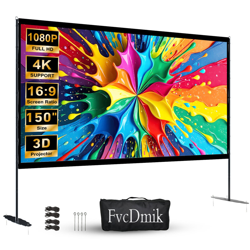 Écran de projection portatif pliable avec support, 150 pouces, angle de vision de 160°, 4K HD, format 16:9, montage facile.