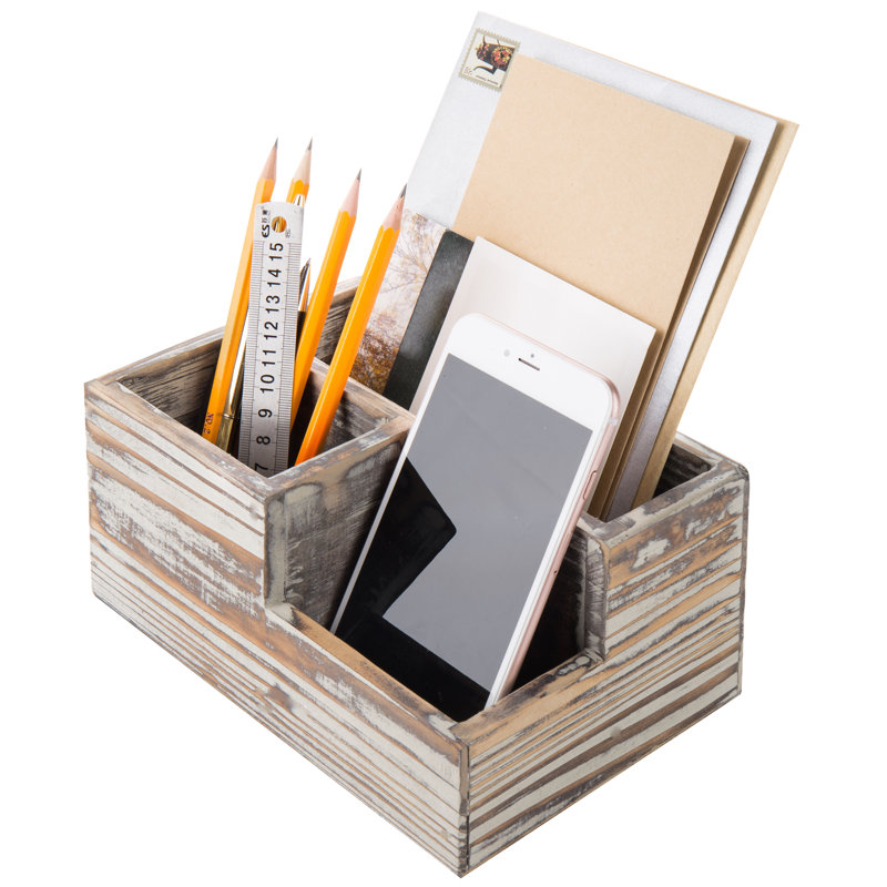 Plateau de rangement de bureau, organisateur de bureau en bois massif rustique avec 3 compartiments pour accessoires de bureau
